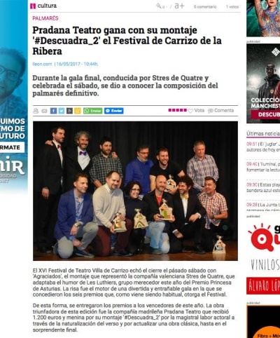 Premio MEJOR OBRA en el XVI Festival de Teatro Villa de Carrizo